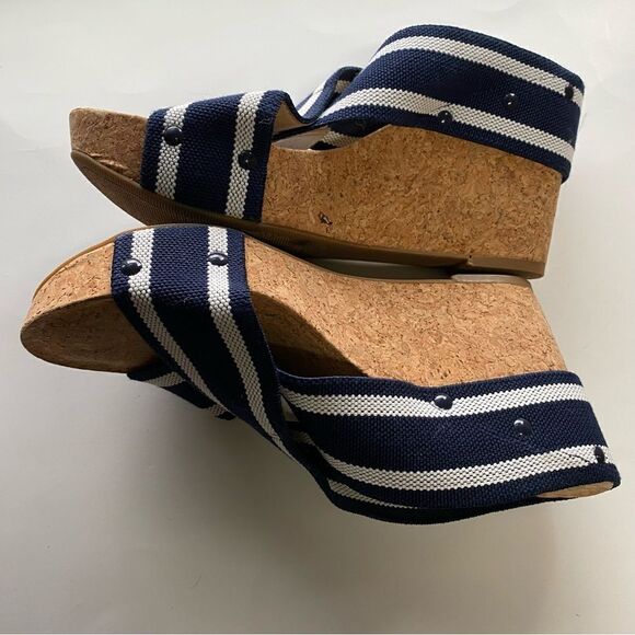 Lucky Brand Miller 2 wedge cork heel sandals navy blue strip strappy slip on 9M - Picture 9 of 13